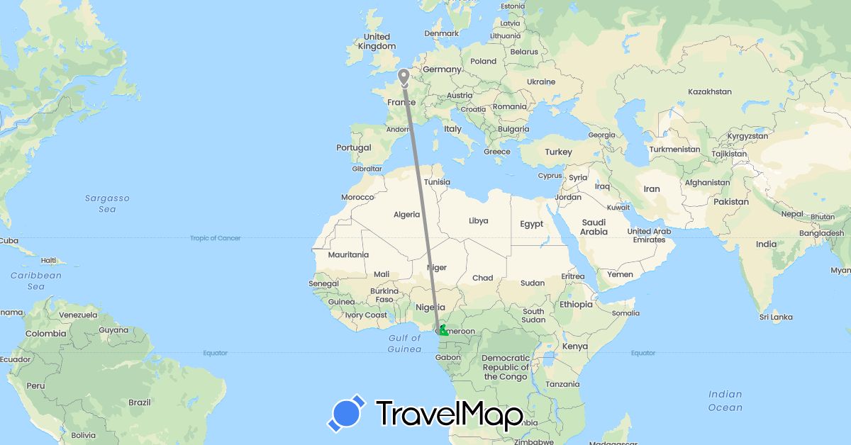 TravelMap itinerary: driving, bus, plane in Cameroon, France (Africa, Europe)